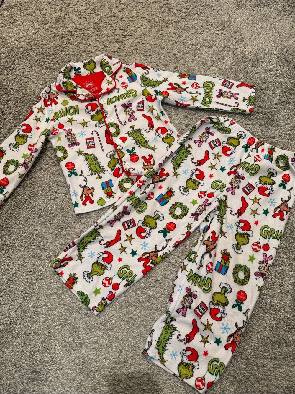 Kids Holiday Pajama Set - White & Red Grinch Print